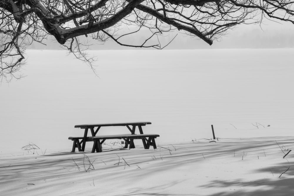 Picnic table beside frozen lake Waterloo Quebec Canada Canvas Art - David Chapman Design Pics (19 x 12)