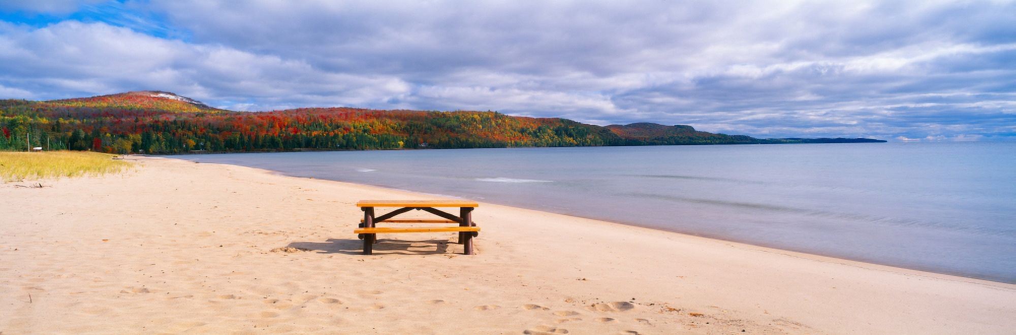 Picnic table on beach at Keweenaw Bay Lake Superior Michigan Canvas Art - Panoramic Images (27 x 9)