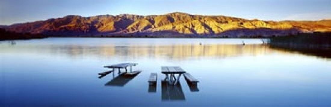 Picnic tables in the lake Diaz Recreation Area Lake Lone Pine California USA Canvas Art - Panoramic Images (18 x 6)