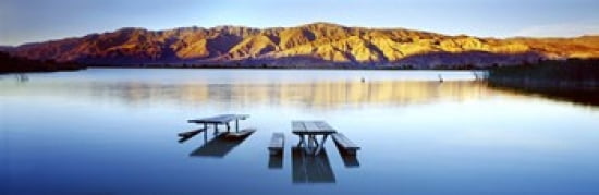 Picnic tables in the lake Diaz Recreation Area Lake Lone Pine California USA Canvas Art - Panoramic Images (36 x 12)