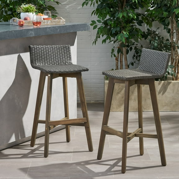 Pico Brea Outdoor Acacia Wood & Wicker Barstools, Set of 2, Gray