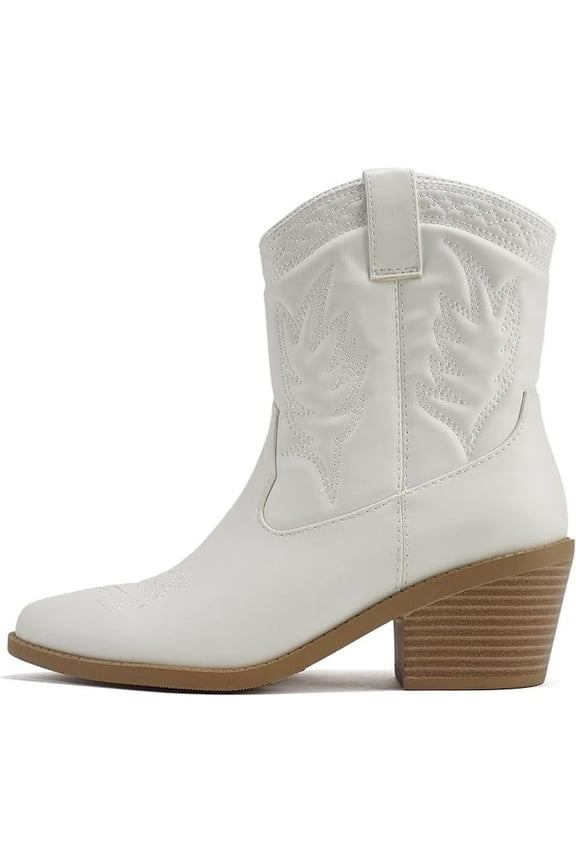Picotee Soda Women Cowgirl Cowboy Western Stitched Ankle Boots Pointy Toe (White Pu, 10)