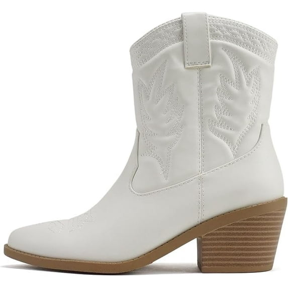 Picotee Soda Women Cowgirl Cowboy Western Stitched Ankle Boots Pointy Toe (White Pu, 7)