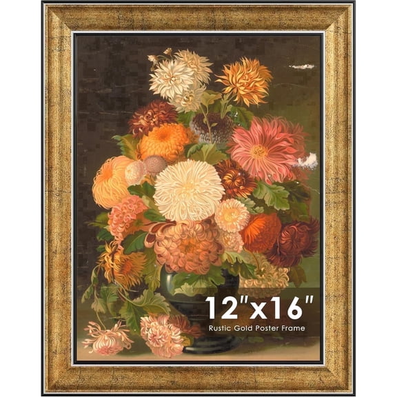 Picrit 12x16 Picture Frame, Rustic Gold Poster Frame with 2-Inch Wide Ornate Border - Baroque Antique Style for Wall Mount and Gallery Art