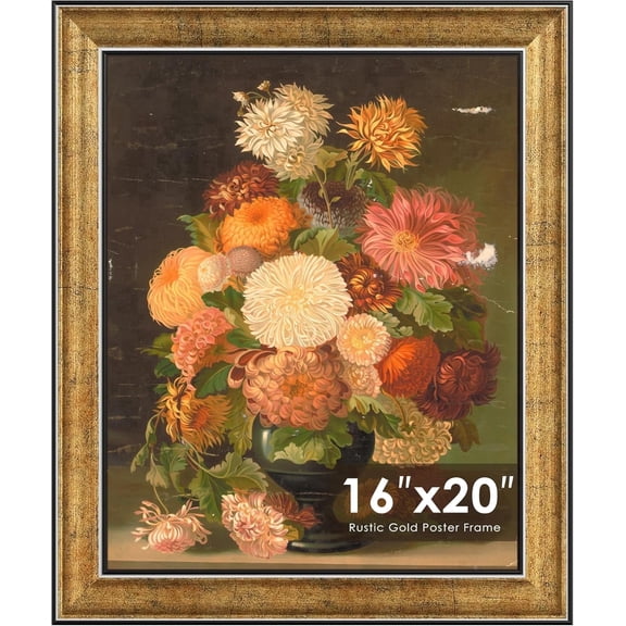 Picrit 16x20 Picture Frame, Rustic Gold Poster Frame with 2-Inch Wide Ornate Border - Baroque Antique Style for Wall Mount & Gallery Art