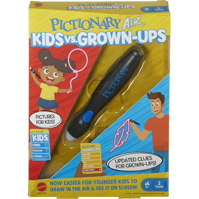 Pictionary Air Kids Vs. Grown-Ups Family Game for Game Night with Light Pen and Clue Cards