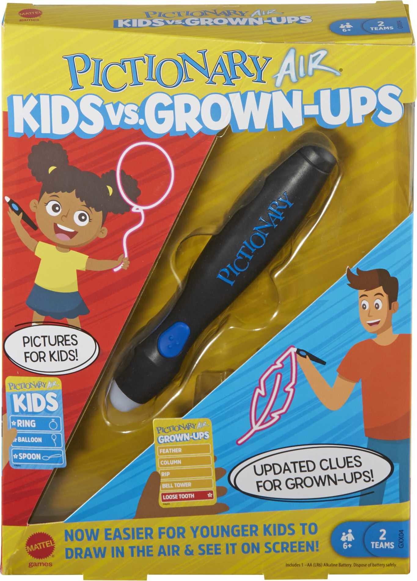 Pictionary Air Kids Vs. Grown-Ups Family Game for Game Night with Light Pen and Clue Cards