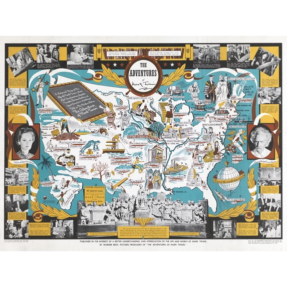 Pictorial 1944 Map Adventures Mark Twain USA Extra Large XL Wall Art Poster Print