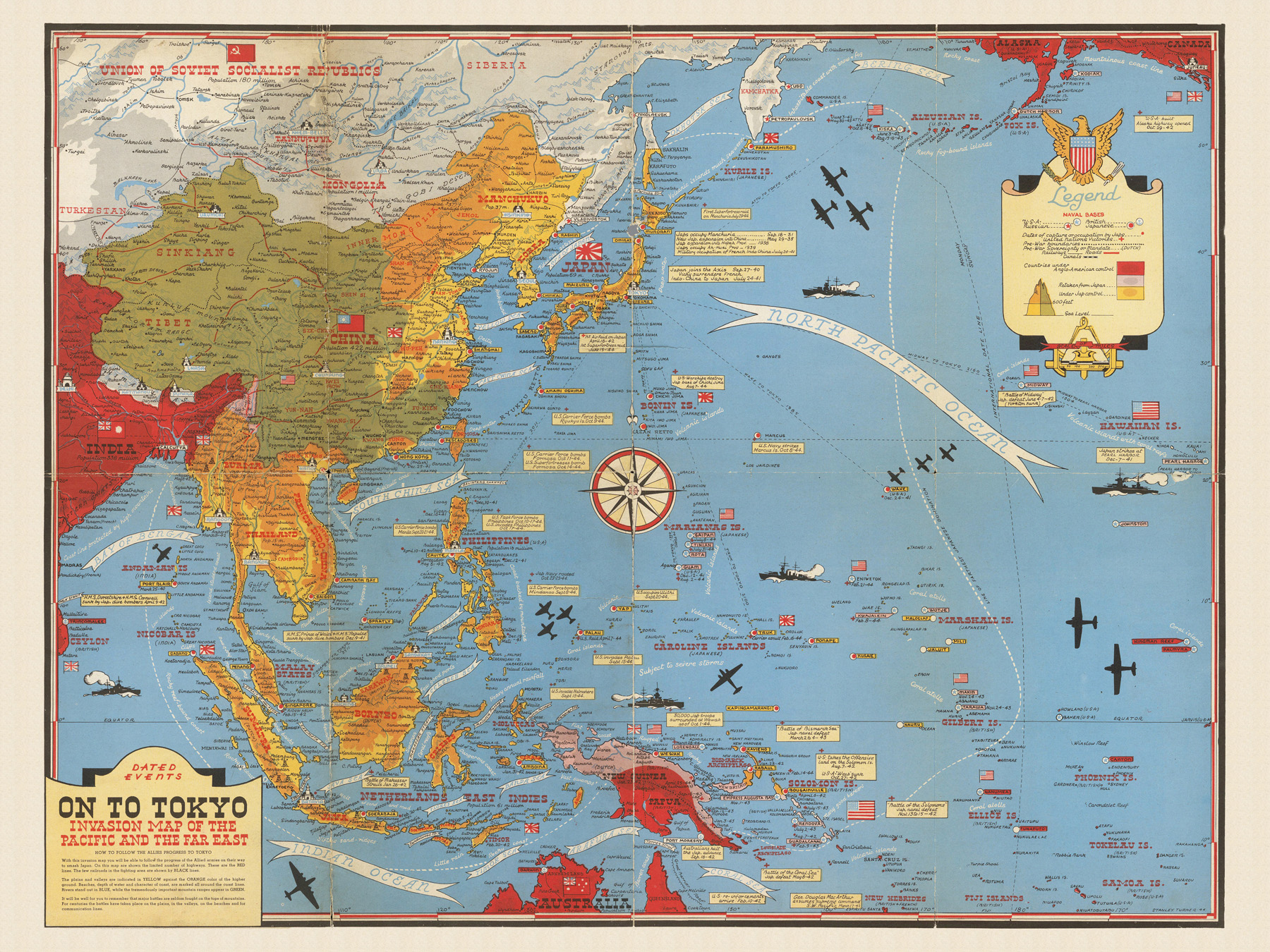 Pictorial Invasion Map of the Pacific and the Far East War WWII Battle ...