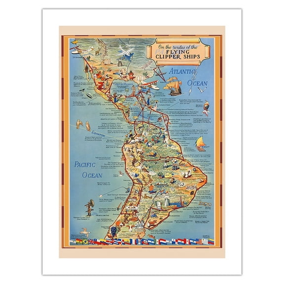 Pictorial Map North & South America - Flying Clipper - Pan American World Airways - Vintage Pictorial Map by Kenneth W. Thompson c.1939 - Fine Art Matte Paper Print (Unframed) 18x24in