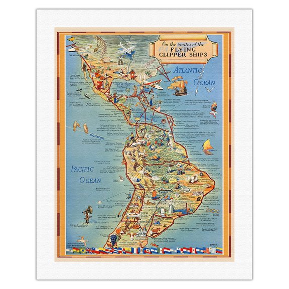 Pictorial Map North & South America - Flying Clipper - Pan American World Airways - Vintage Pictorial Map by Kenneth W. Thompson c.1939 - Fine Art Rolled Canvas Print 20in x 26in