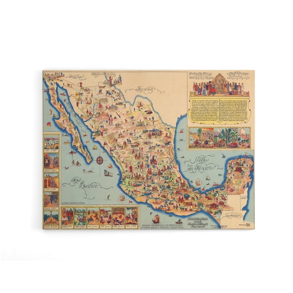 Pictorial Map Of Mexico 1931 Vintage Canvas Wall Art Print 24X32"