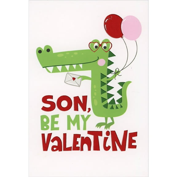 Pictura Alligator Holding Balloons and Wearing Red Heart Shape Glasses Juvenile Valentine's Day Card for Son