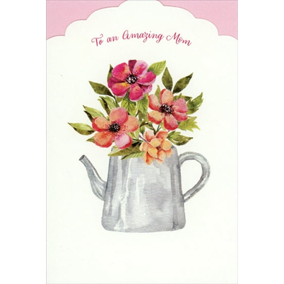 Pictura Amazing Mom: Gray Watering Can with 4 Flowers Mother's Day Card for Mom