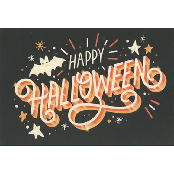 Pictura Bat, Stars, Lines and Starbursts Around Embossed Happy Halloween Text Halloween Card