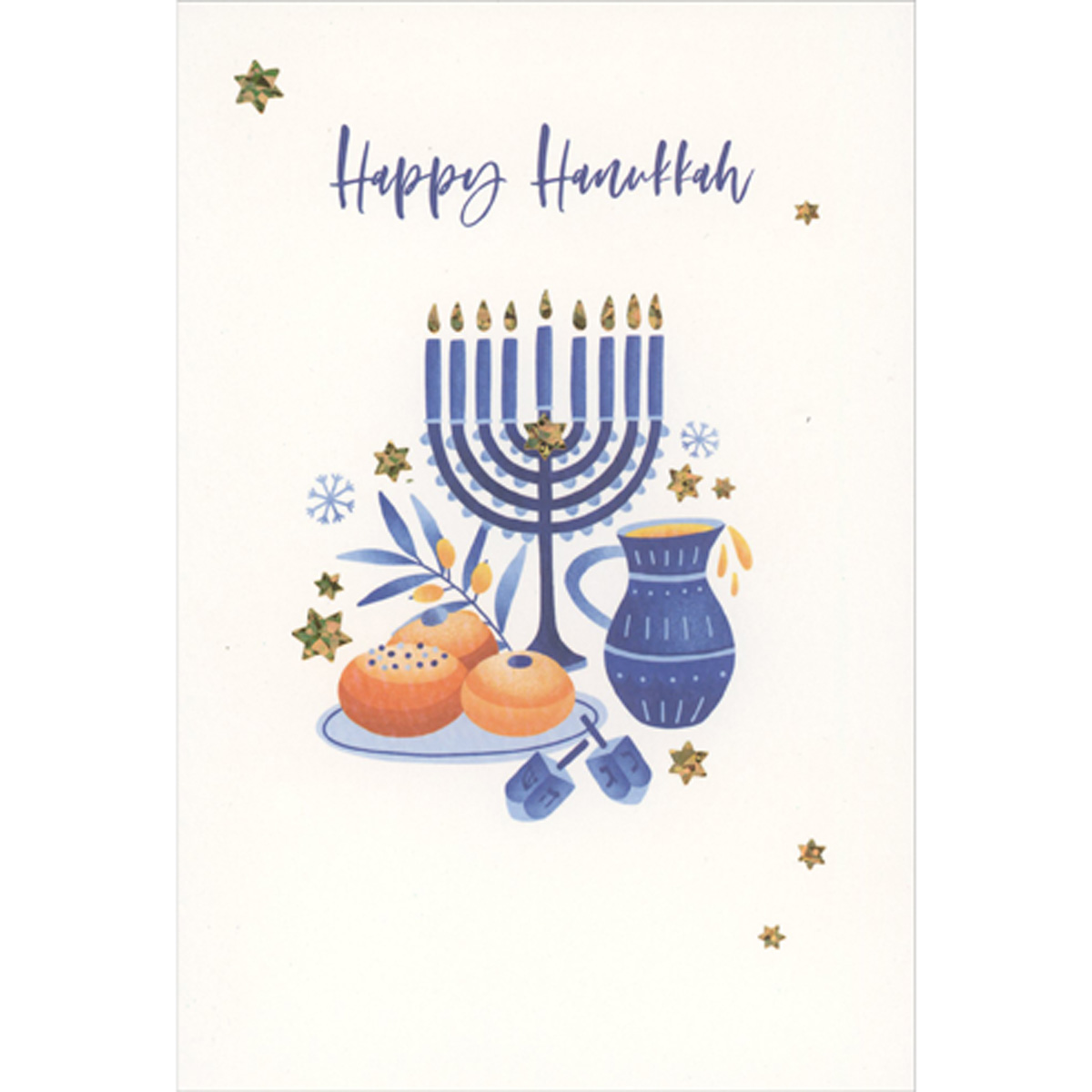 Pictura Blue Menorah, Dreidel, Jug and Pastries with Gold Foil Stars Hanukkah Card