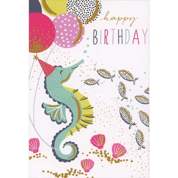 Pictura Blue Seahorse with Party Hat, Balloons, Fish and Shells Birthday Card