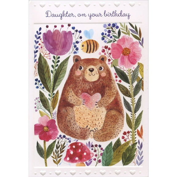 Pictura Brown Bear Holding Sparkling Pink Heart Surrounded by Large Flowers Birthday Card for Daughter