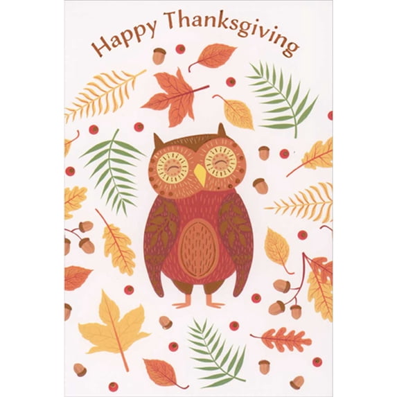 Pictura Brown Owl Surrounded by Acorns, Leaves, Berries and Branches on White Thanksgiving Card