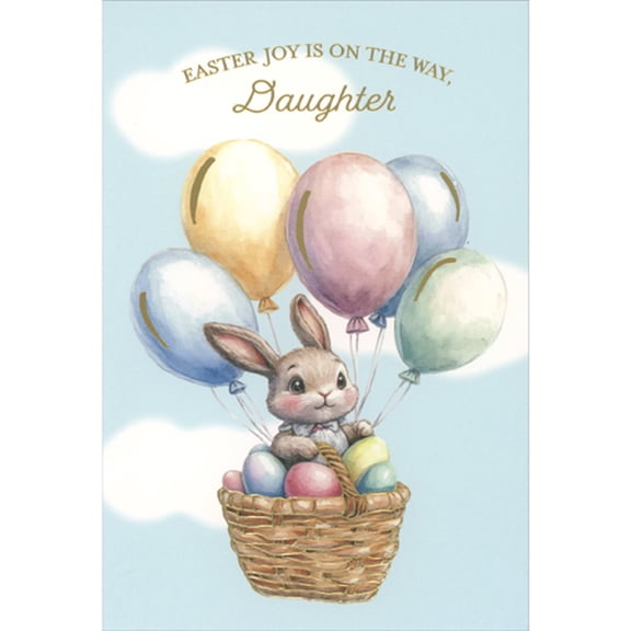 Pictura Bunny in Basket Floating with Pastel Helium Balloons Easter Card for Daughter