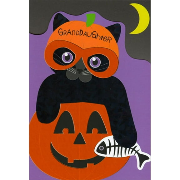 Pictura Cat Inside Pumpkin Wearing Mask Cute Die Cut Juvenile Halloween Card for Granddaughter