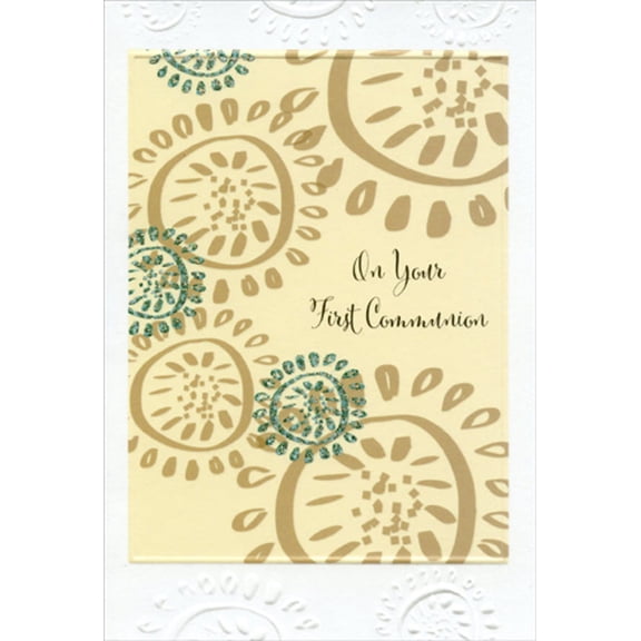 Pictura Circle Patterns on Tan with White Border First / 1st Communion Congratulations Card