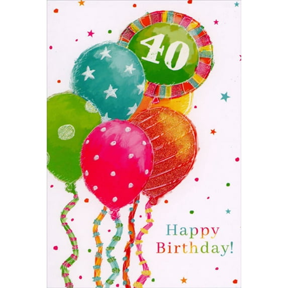Pictura Colorful 40th Balloons with Striped Strings 40th / Fortieth Birthday Card