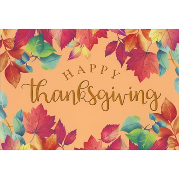Pictura Colorful Red, Blue, Orange and Yellow Leaves Top and Bottom Borders Thanksgiving Card