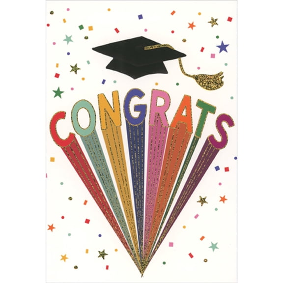 Pictura Congrats Color Burst with Gold Foil Lines, Confetti and Grad Cap Graduation Card