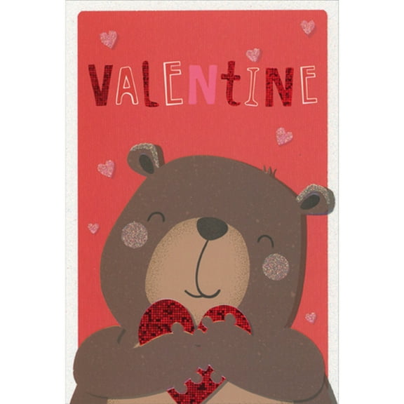 Pictura Cute Brown Bear with Closed Eyes Hugging Red Holographic Foil Heart Valentine's Day Card for Kids
