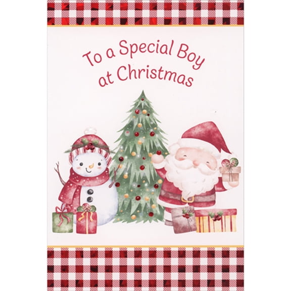 Pictura Cute Little Santa and Snowman in Front of Christmas Tree Juvenile Christmas Card for Young Boy