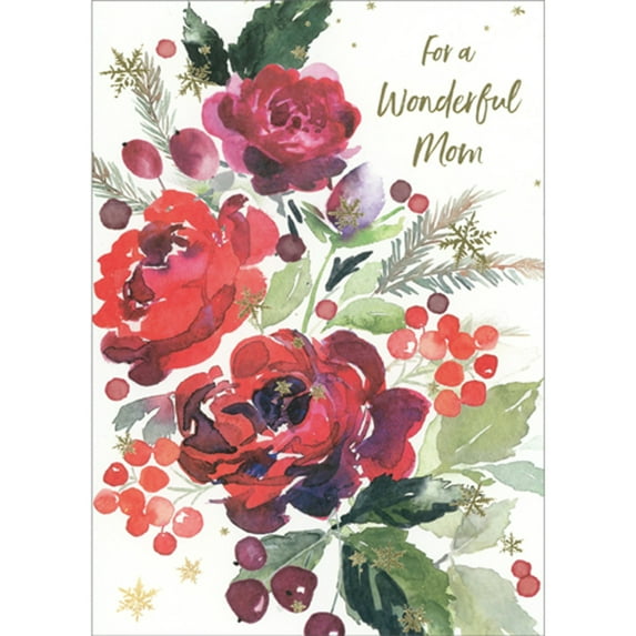 Pictura Dark Red Flowers, Berries, Green Leaves on White Background Christmas Card for Mom