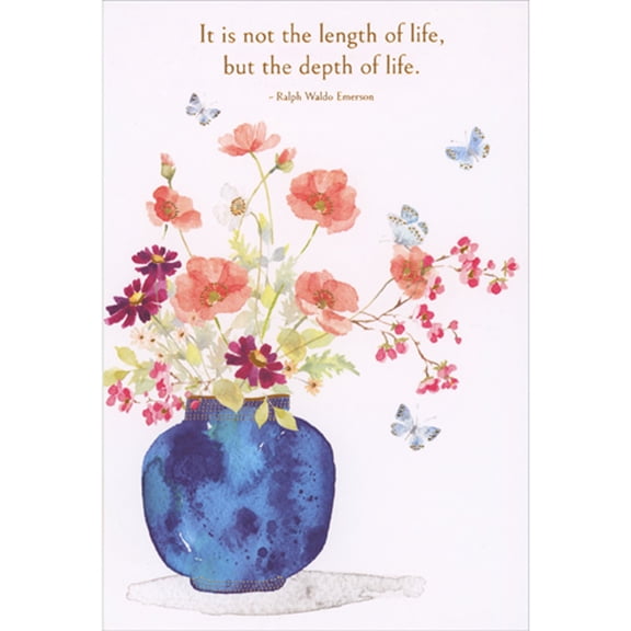 Pictura Depth of Life Emerson Quote: Watercolor Pot, Flowers and Butterflies Sympathy Card for Grandmother