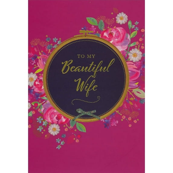 Pictura Flowers on Pink : Gold Foil Circular Frame : Beautiful Wife Birthday Card
