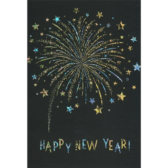 Pictura Foil Fireworks Burst and Stars on Black Happy New Year Card