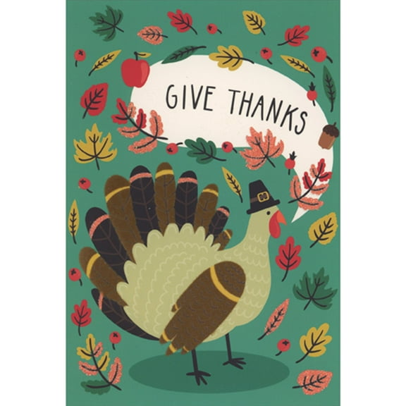 Pictura Give Thanks: Swirling Leaves and Turkey in Pilgrim Hat Thanksgiving Card