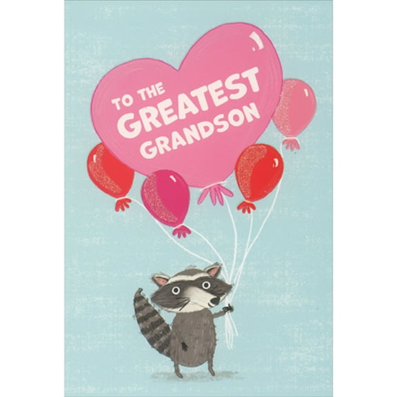 Pictura Gray Raccoon Holding Pink and Red Balloons on Light Blue Valentine's Day Card for Grandson