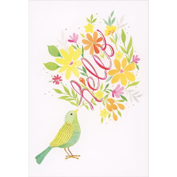 Pictura Green and Yellow Bird Tweeting Hello and Flowers Blank Note Card