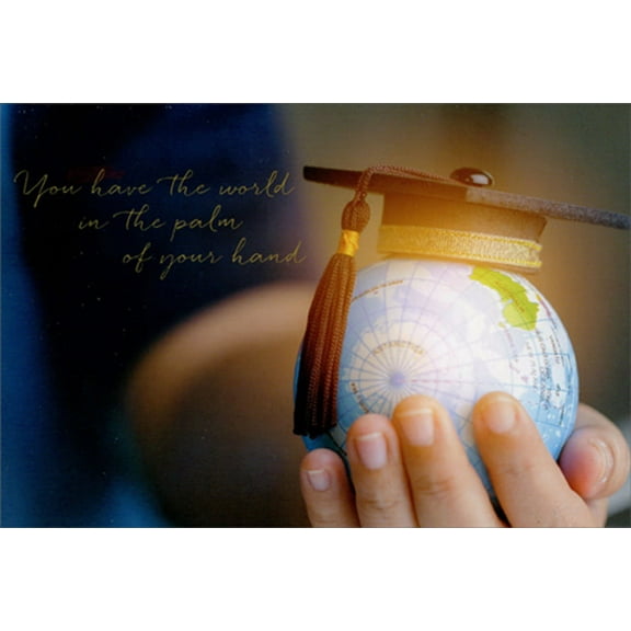 Pictura Hand Holding Small Globe with Grad Cap Graduation Congratulations Card