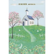 Pictura He Has Risen Church on Hilltop with Two Cherry Blossom Trees Religious Easter Card