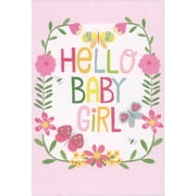 Pictura Hello Baby Girl Butterflies and Bees Inside Floral Frame Congratulations New Baby Girl Card