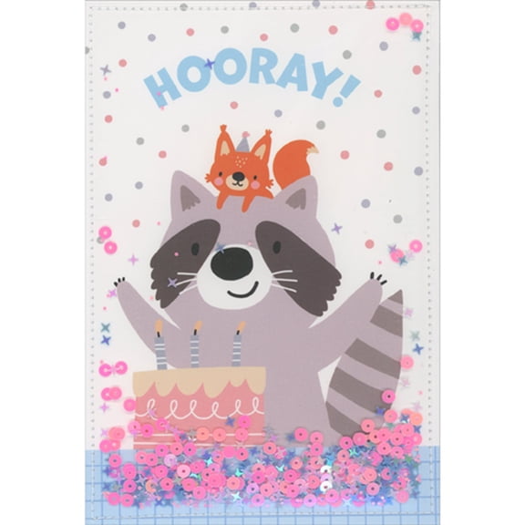 Pictura Hooray: Squirrel on Raccoon's Head Confetti Shaker Birthday Card