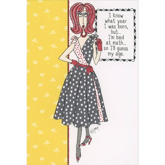 Pictura I'm Bad at Math So I'll Guess My Age: Red Haired Woman Wearing Polka Dotted Dress Funny Birthday Card for Women