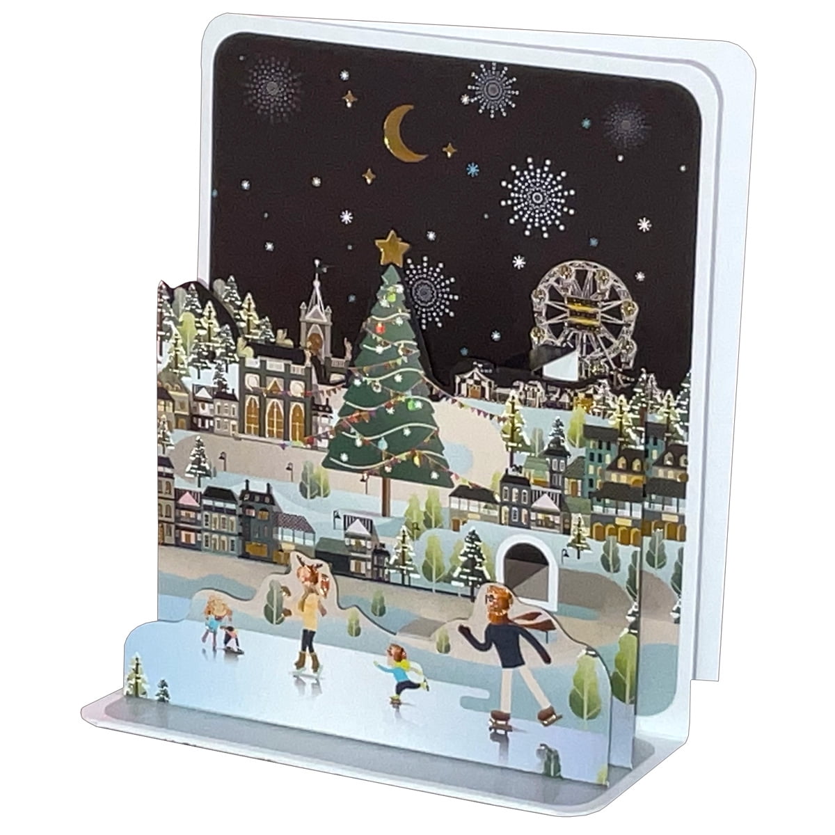 Pictura Kids and Adults Skating on Frozen Pond in City 4 3/4 Inches Tall 3D Pop-Up Christmas Card