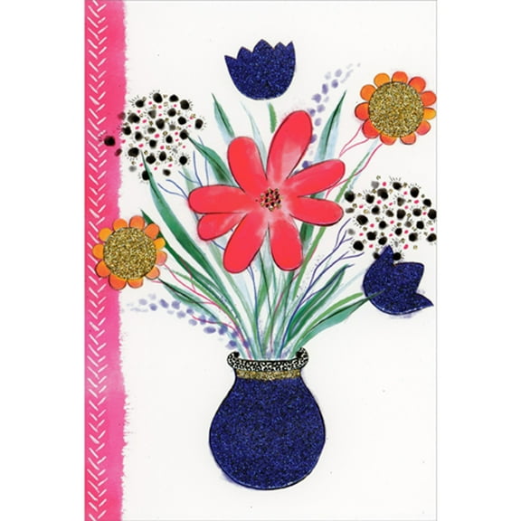 Pictura Large Bright Glitter Accented Flowers in Sparkling Blue Glitter Vase Thank You Card