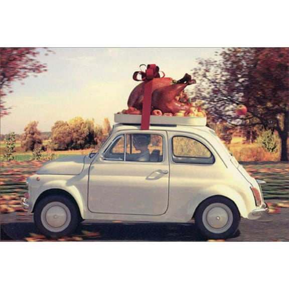 Pictura Large Turkey Dinner on Top of Small White Car Humorous : Funny Thanksgiving Card