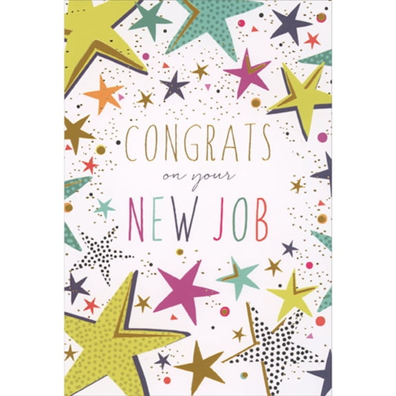 Pictura Multicolor Stars with Gold Foil Accents Around Congrats Text Congratulations New Job Card