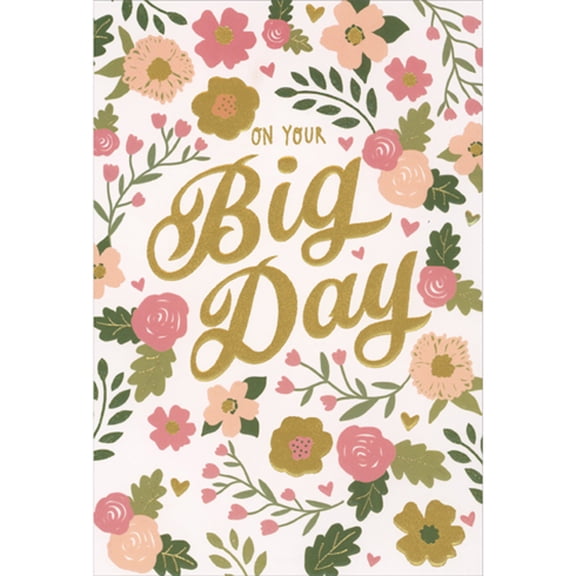 Pictura On Your Big Day: Gold Foil Text Inside Border of Pink Flowers Congratulations Wedding Card