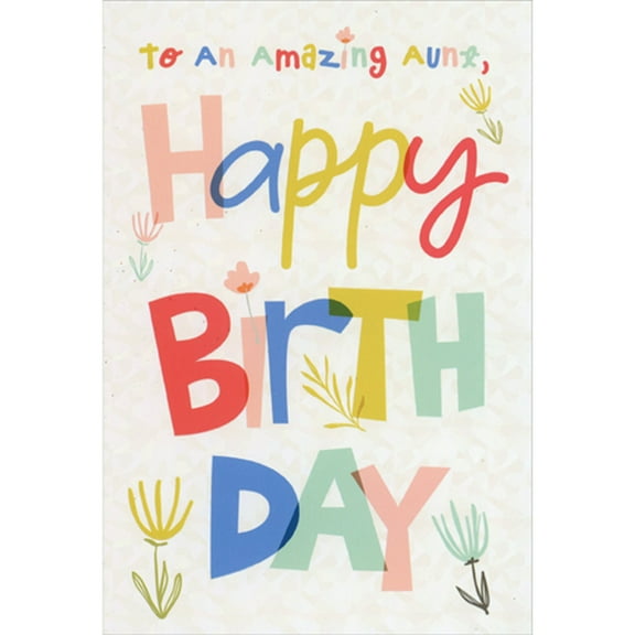 Pictura Overlapping Birthday Letters and Flowers on Holographic Foil Background Birthday Card for Aunt