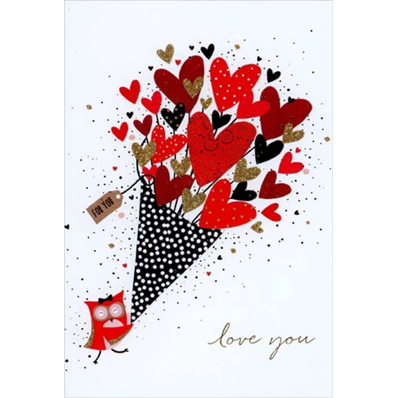 Pictura Owl Holding Large Bouquet of Hearts Valentine's Day Card